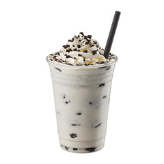 Oreo milkshake in a plastic cup isolated on transparent white background