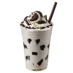 Oreo milkshake in a plastic cup isolated on transparent white background