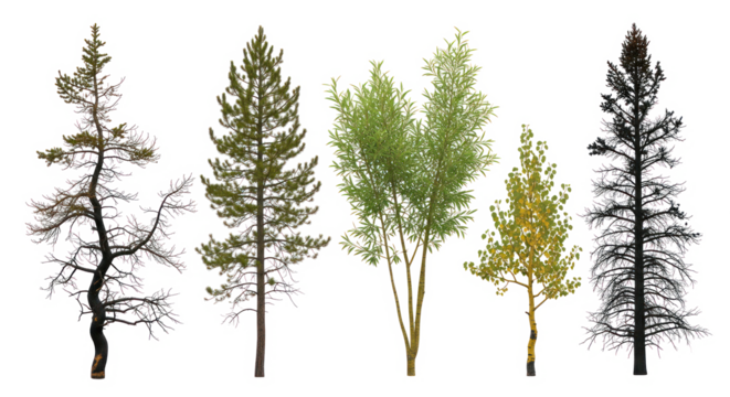 Diverse tree varieties collection featuring conifers, broadleaf, and bare trees on transparent background
