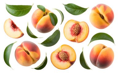 set of peach fruit with half slice and green leaves isolated on transparent white background