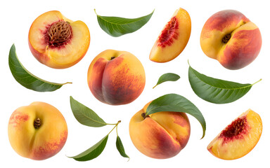 set of peach fruit with half slice and green leaves isolated on transparent white background