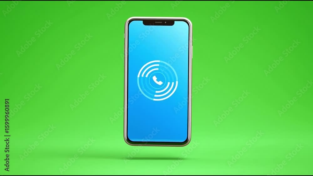 Poster floating smartphone with an urgent ringing call notification icon on blue screen. modern mobile comm