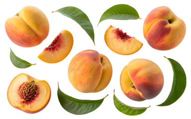 set of peach fruit with half slice and green leaves isolated on transparent white background
