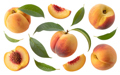 set of peach fruit with half slice and green leaves isolated on transparent white background