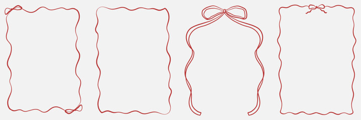 Collection of hand-drawn frames with wavy lines, bows and ribbons. Minimalist line art borders for wedding invitation, birthday invitation, anniversary and social media template.