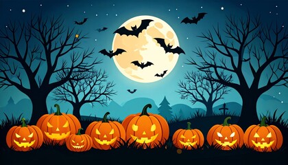 Fototapeta premium Spooky Halloween night with bats and an evil, scary pumpkin design, perfect for an October celebration background illustration