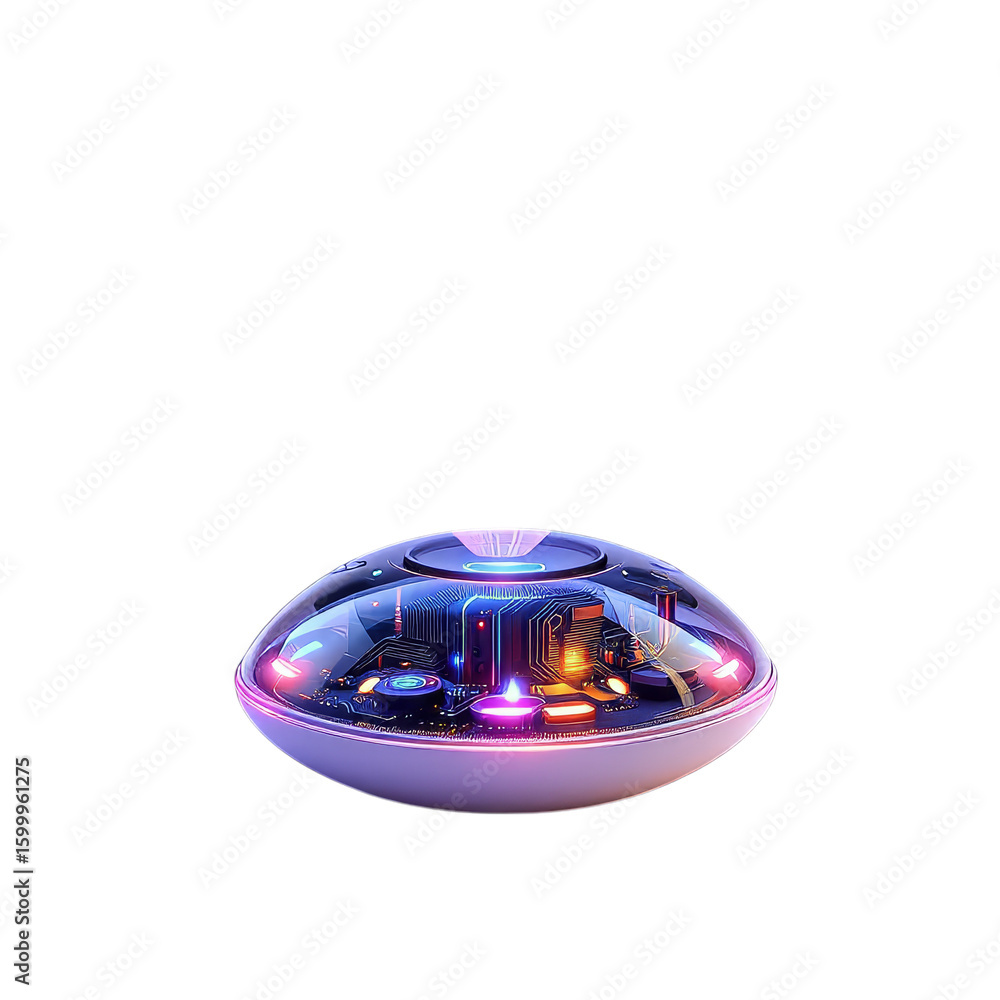 Poster illuminated futuristic device with circuit board design encased in a transparent dome on black backg