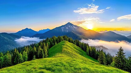 Fototapeta premium Sunrise Over Lush Green Mountains and Clouds