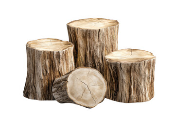 Group of four weathered rustic wooden tree stumps with textured bark and visible grain isolated on transparent background