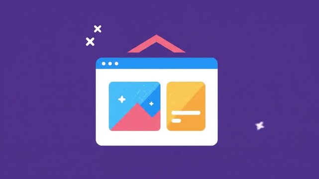 Illustration of a browser window with two content blocks, one with a landscape image and the other with text, on a purple background.