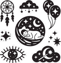 Sleep in the Stars – Solid Vector Icons of Nighttime Wonder and Imagination