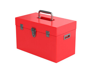 Red toolbox metal handle equipment storage container on transparent background