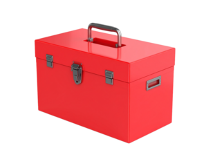 Red toolbox metal handle equipment storage container on transparent background