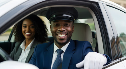 Smiling Black Chauffeur in Dark Blue Uniform Drives White Car With Smiling Businesswoman Passenger
