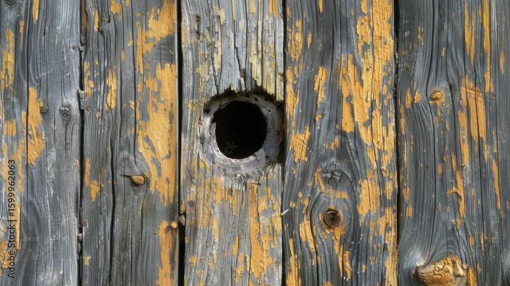 Poster a close-up view of a wooden fence with a small hole in it, suitable for use as a detail or texture i