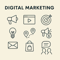 Digital Marketing Icon Set &ndash; Social Media, SEO, Content, Ads, Email Campaigns, and Strategy in Line Vector Style

