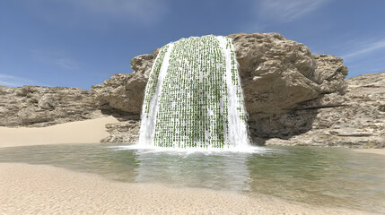 made of streaming binary code cascading down a cliff of silicon rocks