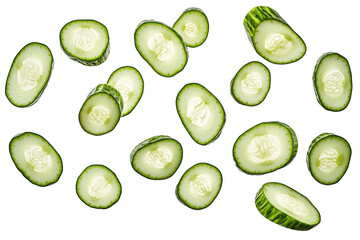 Scattered sliced cucumbers with visible seeds and green skin isolated on transparent background