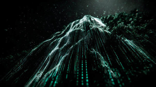 made of streaming binary code cascading down a cliff of silicon rocks