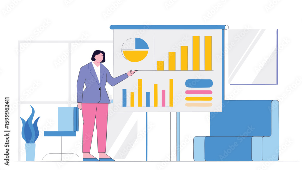 Aufkleber woman presenting data on a whiteboard with pie chart and bar graphs in a modern office space