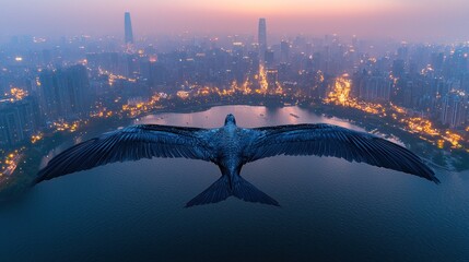 Majestic Flight Over Illuminated Cityscape