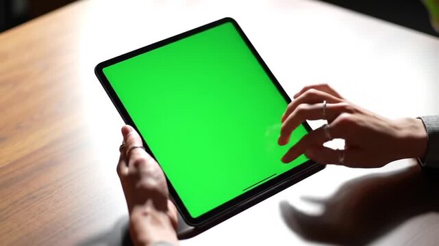 A person's hands interacting with a tablet device with a green screen display.