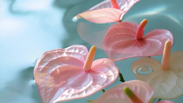 Pastel anthurium flowers gently rest on a rippling aqua surface as light dances across the water, evoking calm and beauty.
