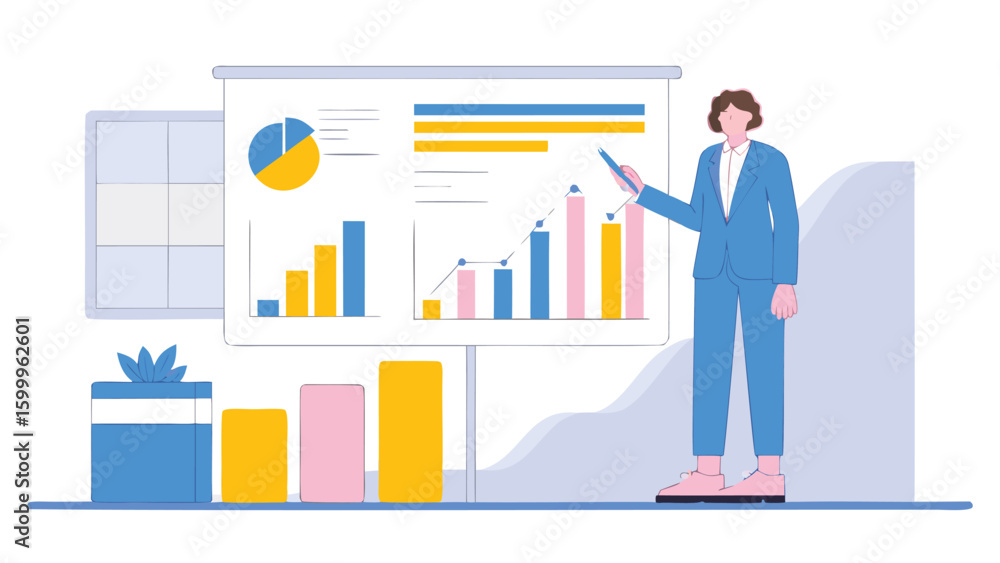 Aufkleber woman in suit presenting a business chart with pie chart and bar graph on a presentation board desig