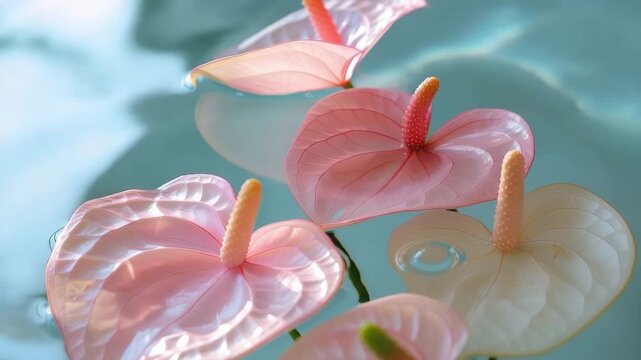 Delicate pink anthurium flowers drift slowly across shimmering turquoise water with gentle ripples, creating a romantic, dreamy mood.
