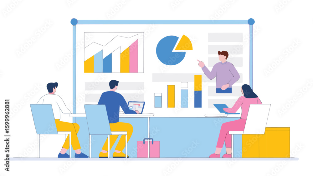 Poster business presentation with team members discussing charts and graphs on a screen in a meeting room