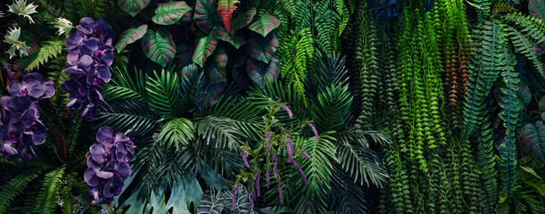 Full Frame of Green Leaves Pattern Background, Nature Lush Foliage Leaf Texture, tropical leaf