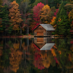 Obraz premium Rustic boathouse nestled among vibrant autumn forest reflections
