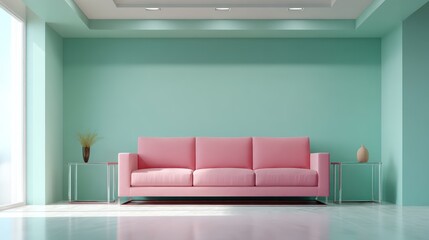 Vibrant minimalist space with bubblegum pink sofa seafoam green walls glossy glass tables with accurate lighting top-down spotlights creating