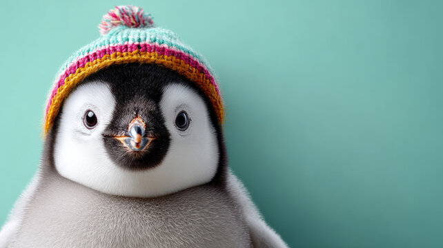 Adorable baby penguin wearing a colorful beanie on a teal background