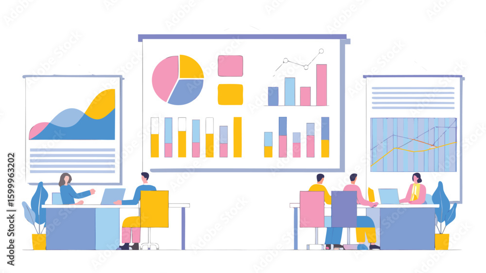 Aufkleber illustration of a business presentation with charts and graphs and people working at their desks in 