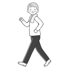 楽しくウォーキングするシニア男性 モノクロ