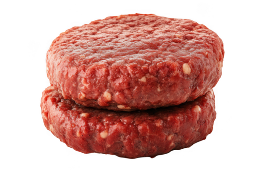 Two raw ground beef burger patties stacked together ready for grilling isolated on transparent background