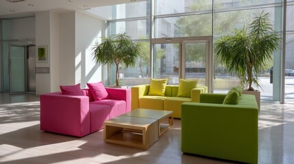 Vibrant pink and lime green furniture wrapped in warm morning light from large windows accurate object shadow casting and