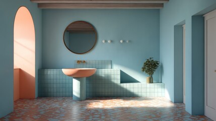 Vintage bathroom in robin egg blue and peach with pedestal sink mosaic floor and round mirror under side sunlight