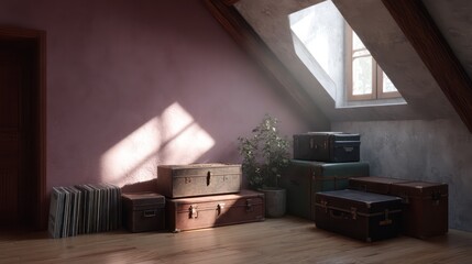 Vintage attic room in rose pink and sage with storage trunks vinyl collection and skylight window casting directional light