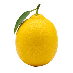 A bright yellow lemon with a green leaf and stem isolated on transparent background