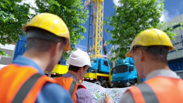 Construction Site Consultation: Focused construction workers, wearing safety gear, collaborate over blueprints on a bustling construction site, representing teamwork and meticulous planning.
