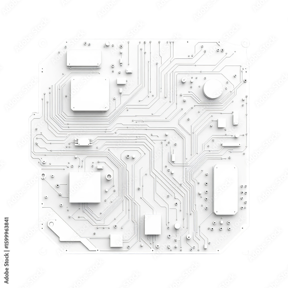 Poster a detailed white circuit board with intricate pathways and components on a black background square f