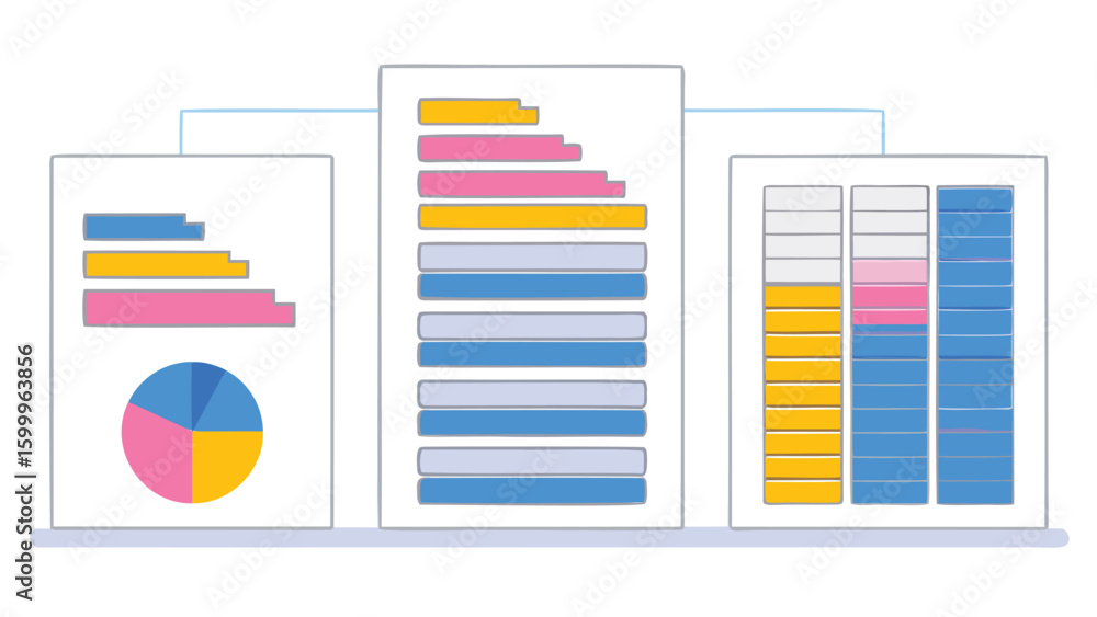 Poster illustration of three data reports with bar charts and pie chart in blue yellow and pink colors sche