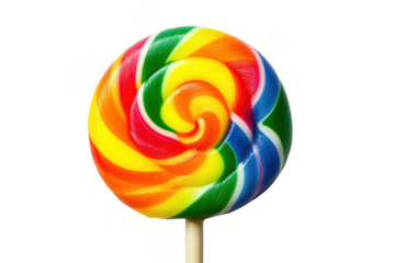 Vibrant rainbow swirl lollipop candy on a wooden stick isolated on transparent background