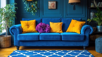 Elegant Blue Velvet Sofa with Yellow Pillows in a Teal Room