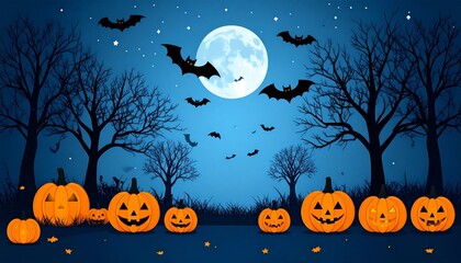 Fototapeta premium Spooky Halloween night with bats and an evil, scary pumpkin design, perfect for an October celebration background illustration