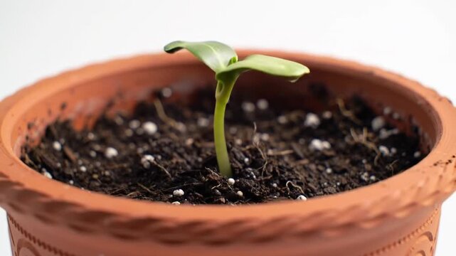Close-up of a young sprout emerging from soil in a terracotta pot.