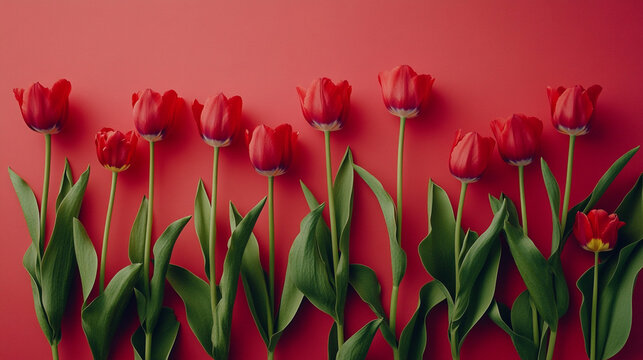 Red tulips in a row on a red background - Powered by Adobe
