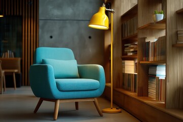 Vintage reading nook with a turquoise armchair yellow floor lamp casting warm rim light stacked pastel books on wood